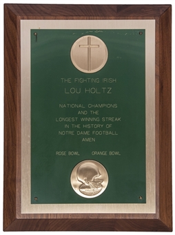 1988 National Champions and Longest Winning Streak in Notre Dame History Plaque Presented to Lou Holtz (Holtz LOA)